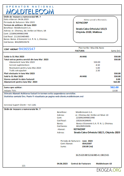 Facture commerciale de services publics de Moldtelecom, SCR